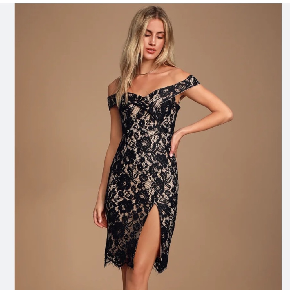 LuLus black lace midi dress